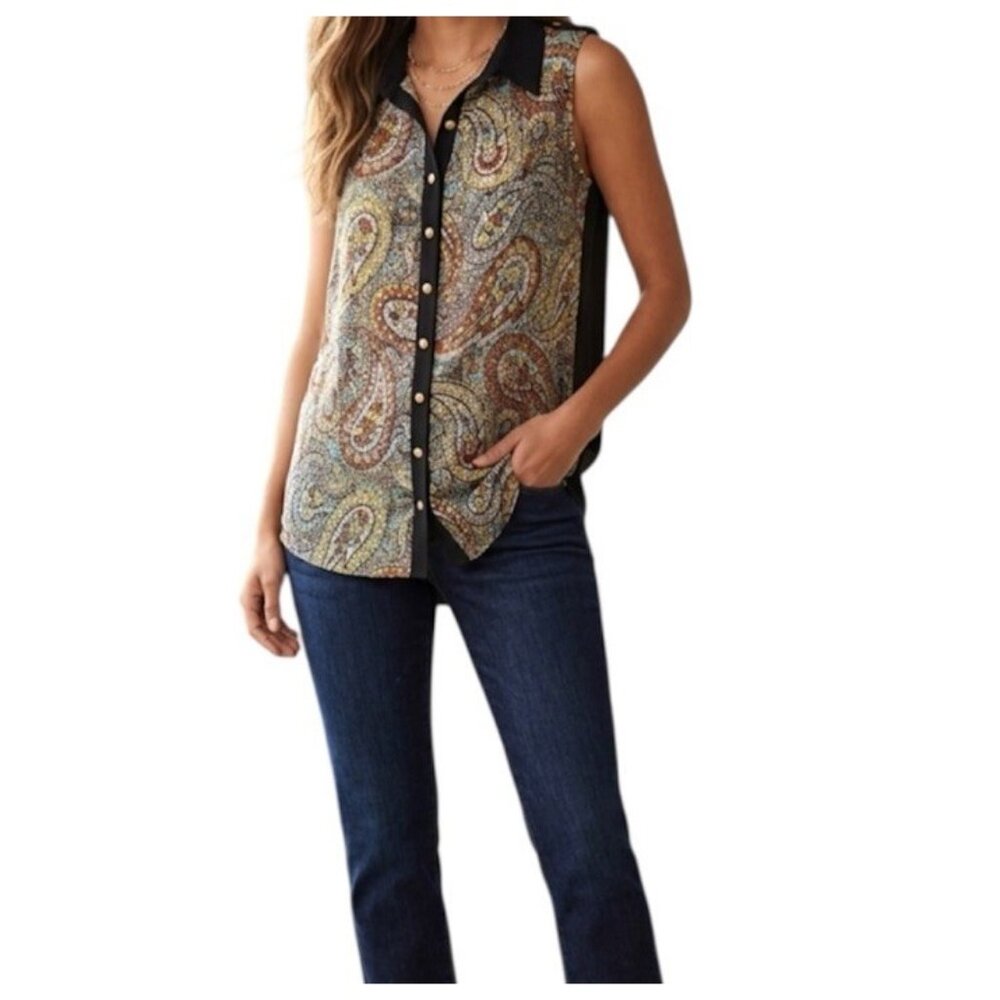 Ivy Jane Multicolor Paisley Print Button Down Sleeveless Boho Chic Blouse Medium